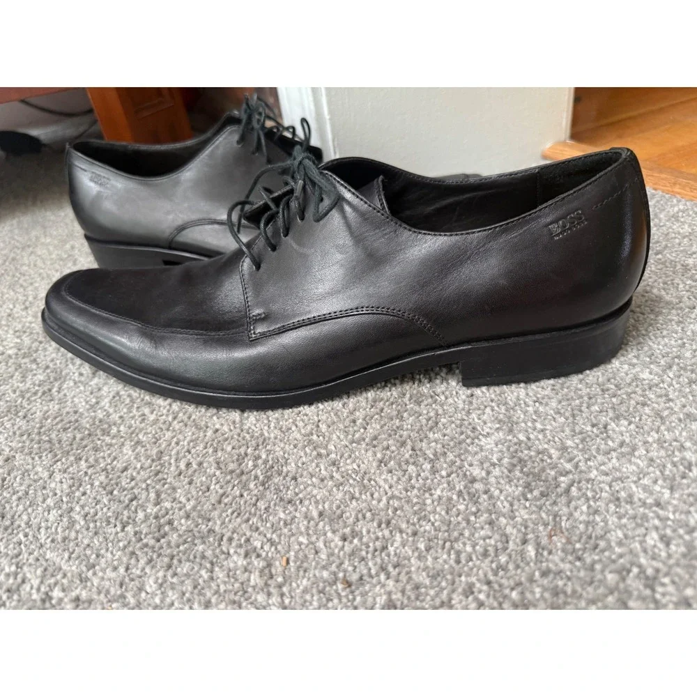 Hugo Boss Mens Black Leather Square Toe Derby Dress Shoes Size 10.5 US